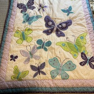 Embroidered Butterfly Garden Quilt - Purple, Green, and off white.